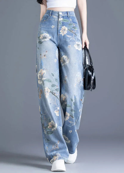 Blue Oversized Print Denim Straight Pants Spring