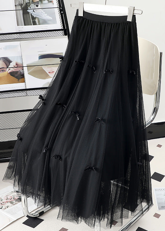 Apricot Elastic Waist Bow Tulle a Line Skirts Spring