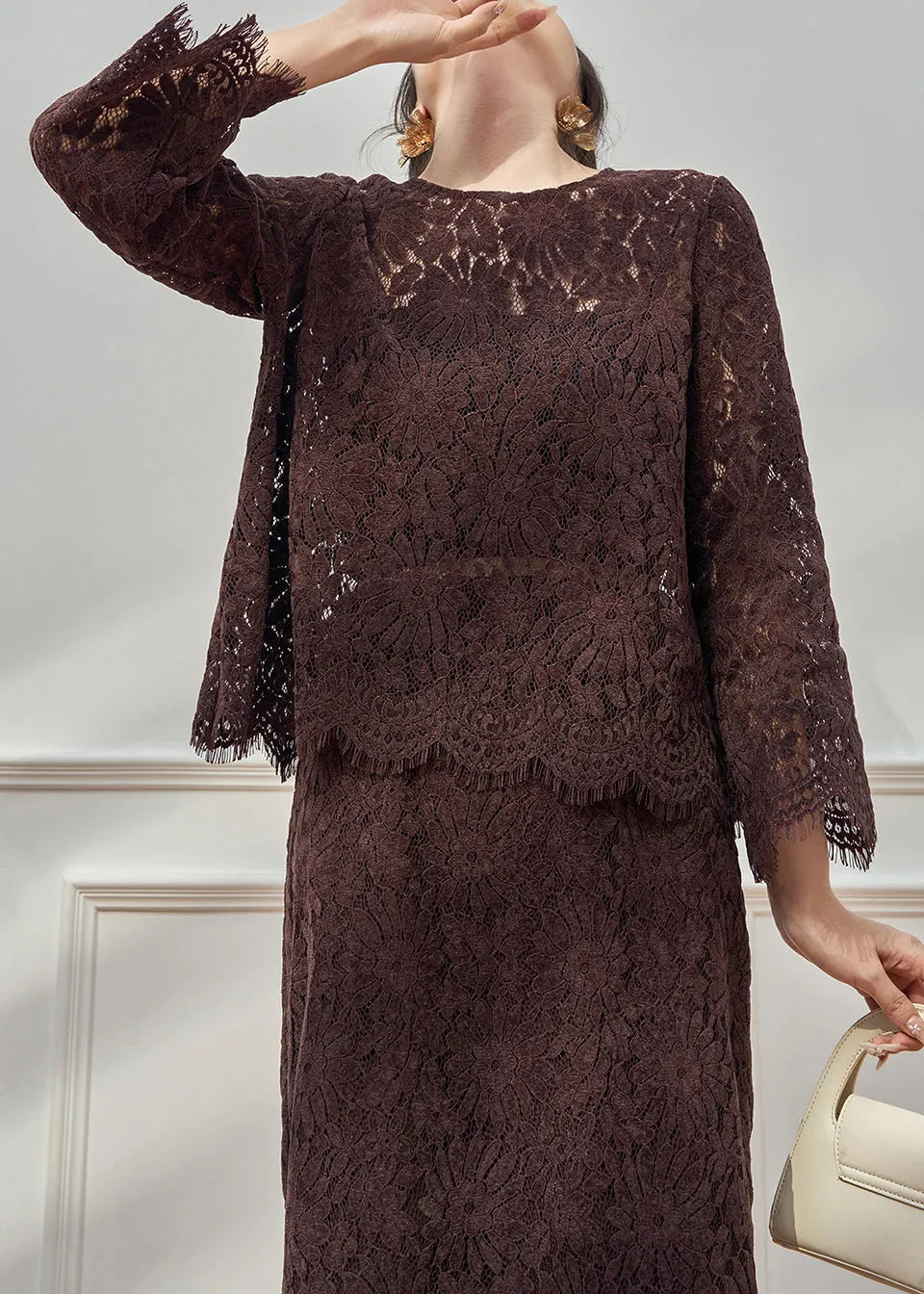 Coffee O Neck Hollow Out Lace Two Pieces Set Fall