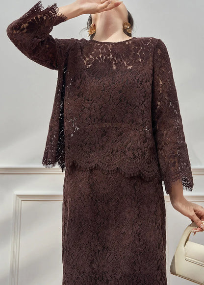 Coffee O Neck Hollow Out Lace Two Pieces Set Fall