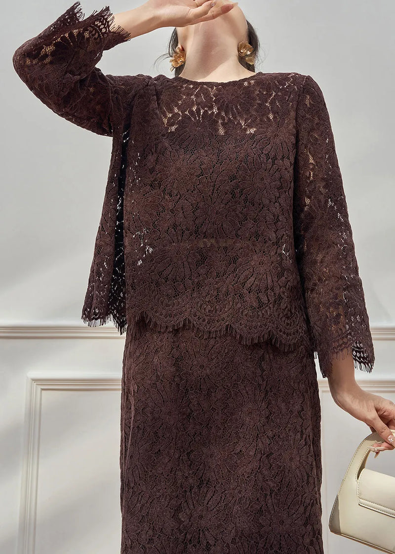 Coffee O Neck Hollow Out Lace Two Pieces Set Fall