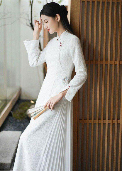 Diy White Stand Collar Patchwork Wrinkled Button Cotton Maxi Dresses Long Sleeve