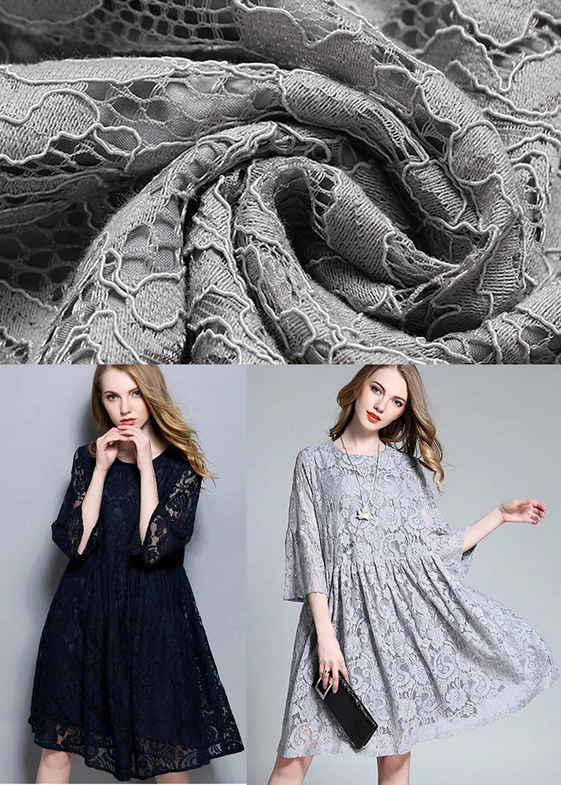 Navy Patchwork Lace a Line Dress O-neck Oversized Summer