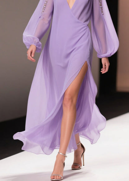 Italian Purple Wrinkled Side Open Chiffon Long Dresses Spring