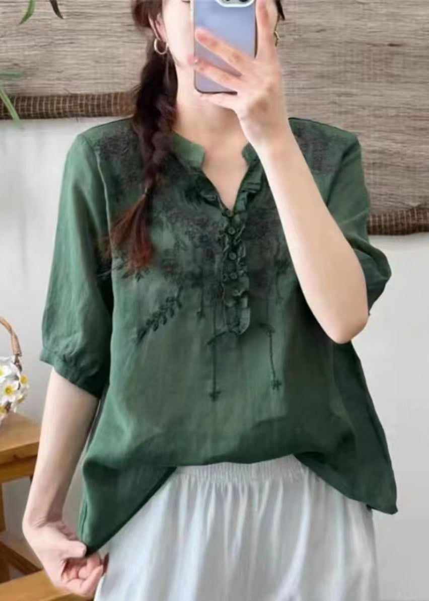Unique Blue V Neck Embroideried Patchwork Linen T Shirts Half Sleeve