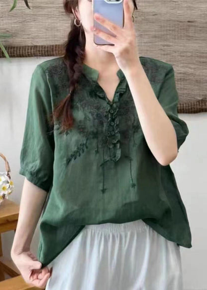 Unique Blue V Neck Embroideried Patchwork Linen T Shirts Half Sleeve
