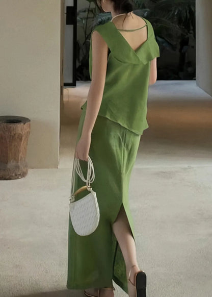 French Green O-neck Patchwork Linen Top and Maxi Skirts Two Pieces Set Sleeveless