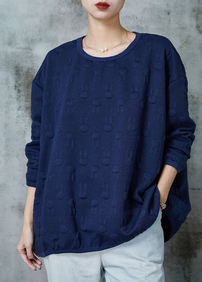 Navy Oversized Jacquard Cotton Pullover Sweatshirt Spring
