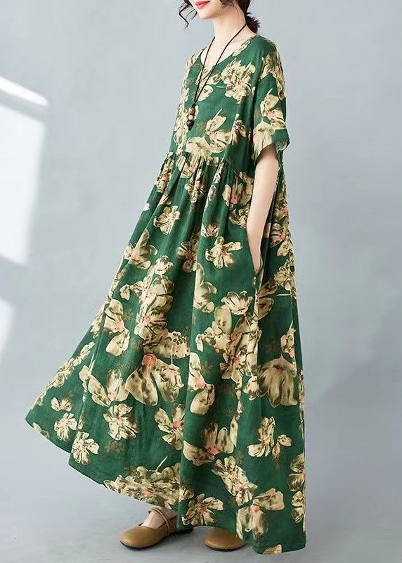 Tea Green Oversized Print Cotton Holiday Dress Summer