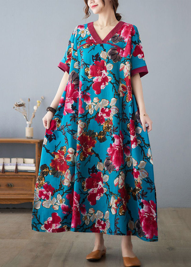 Blue V Neck Patchwork Print Cotton Dresses Short Sleeve