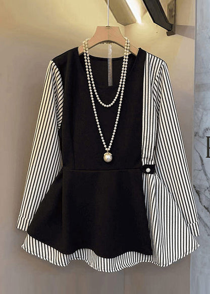 Black Oversized Patchwork Cotton Fake Two Piece Tops Fall