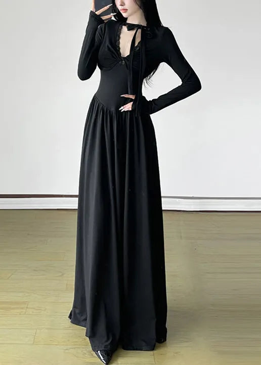 Unique Black V Neck Exra Large Hem Long Dresses Spring