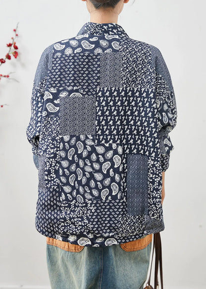 Navy Oversized Print Linen Coat Spring