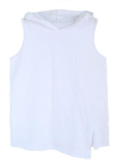 White Hooded Asymmetrical Design Summer Cotton Top Sleeveless