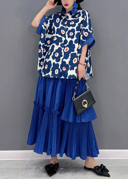Italian Blue Peter Pan Collar Ruffled Patchwork Print Chiffon Shirts and Skirts Two Pieces Short Sleeve