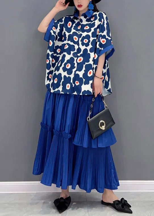 Italian Blue Peter Pan Collar Ruffled Patchwork Print Chiffon Shirts and Skirts Two Pieces Short Sleeve
