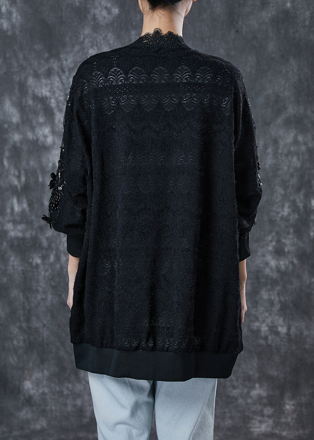 Black Oversized Patchwork Lace Cardigan Spring