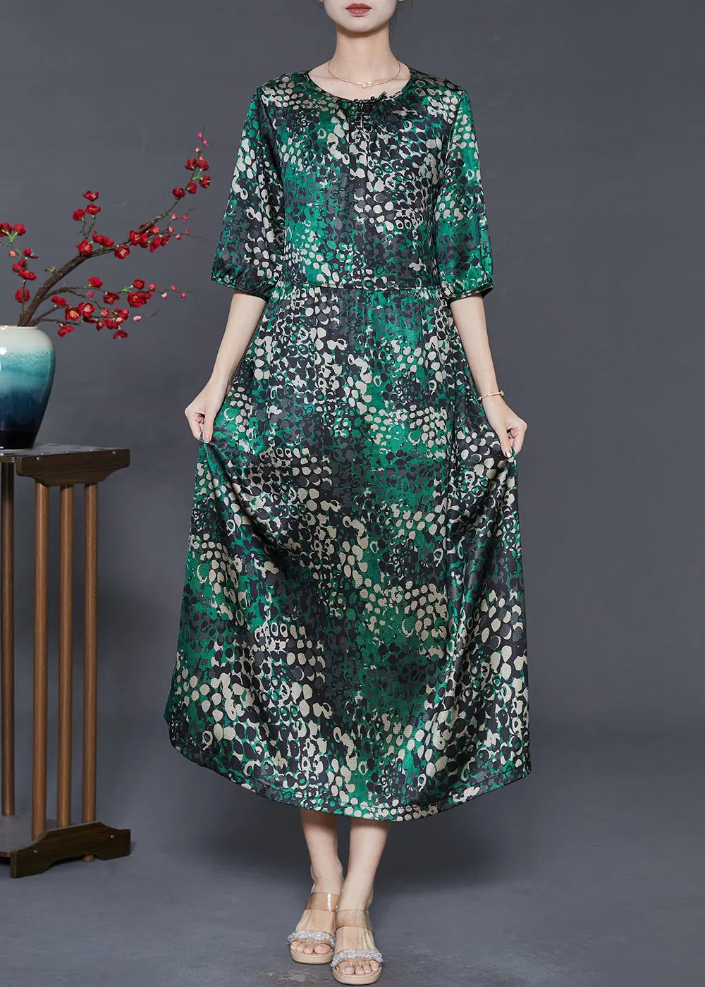 Green Print Tie Waist Silk Dress Summer