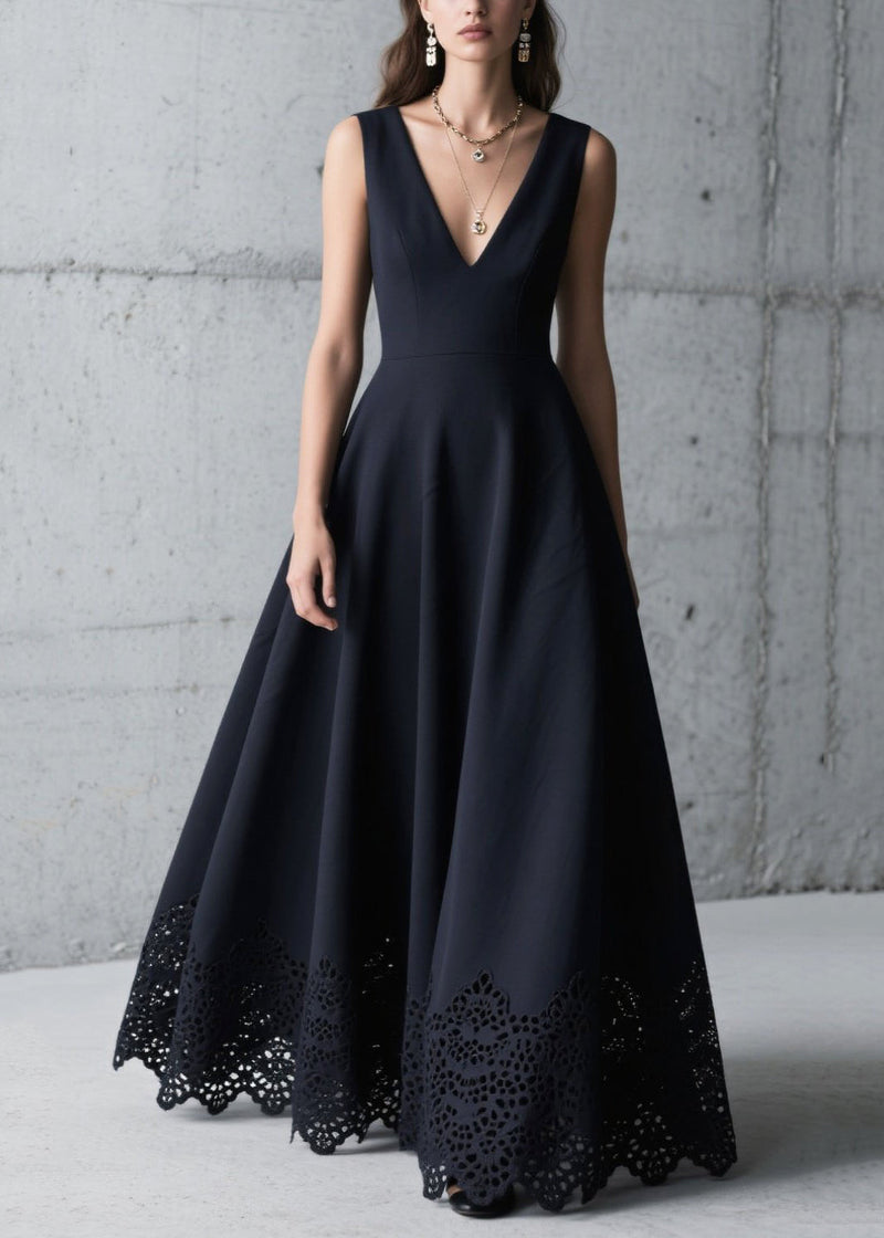 Fitted Black Hollow Out Exra Large Hem Chiffon Dress Summer