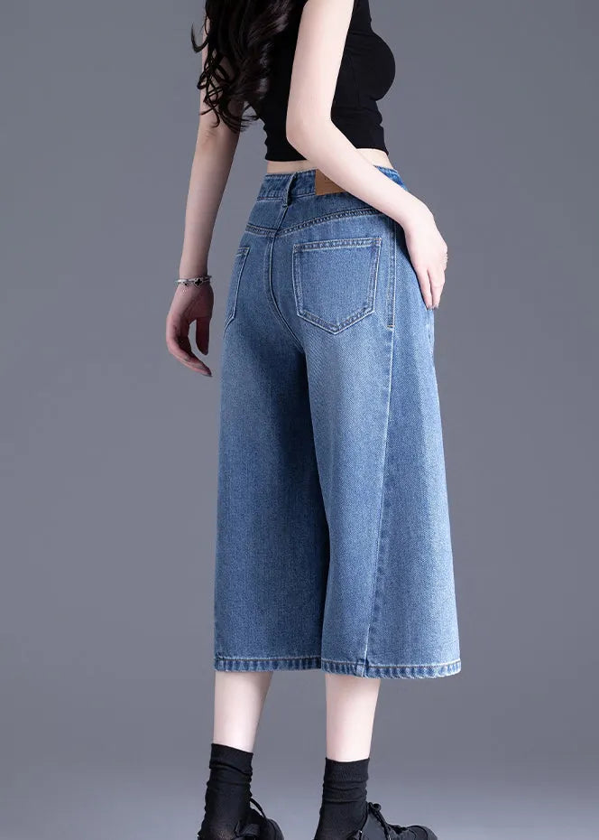 Blue Pockets Denim Crop Pants Summer