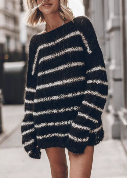 White O Neck Striped Hollow Out Knit Top Spring