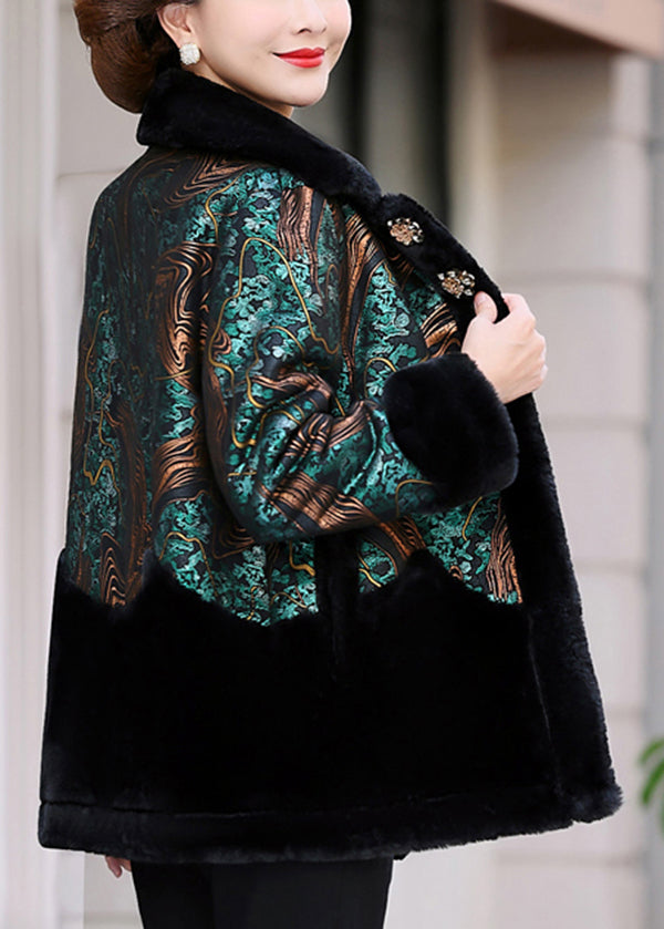 Green Peter Pan Collar Print Patchwork Faux Fur Coats Winter