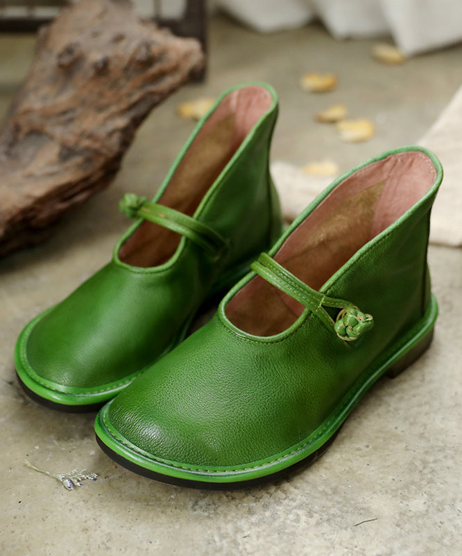 Comfortable Green Flat Feet Shoes Cowhide Leather Upper Buckle Strap Flat Shoes