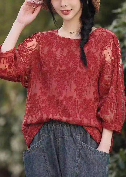 Red O Neck Embroideried Lace T Shirt Tops Fall