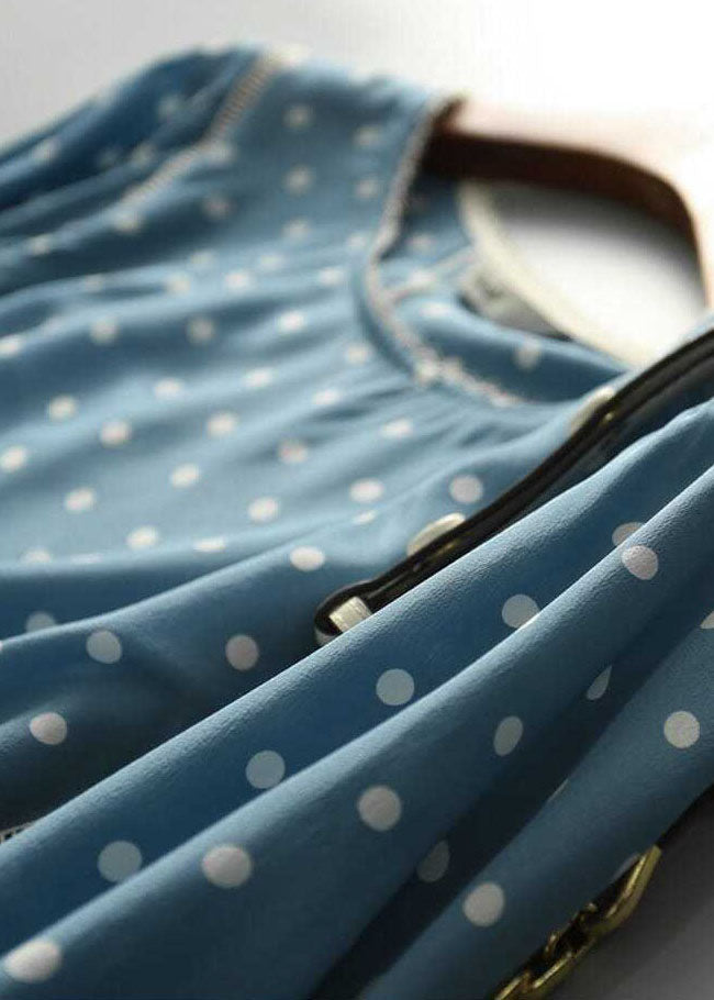 Blue O-neck Dot Print Silk Blouse Tops Summer