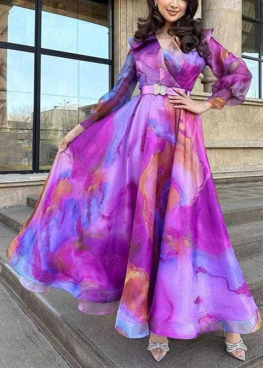 Purple Print Sashes Tulle Patchwork Exra Large Hem Dress Spring