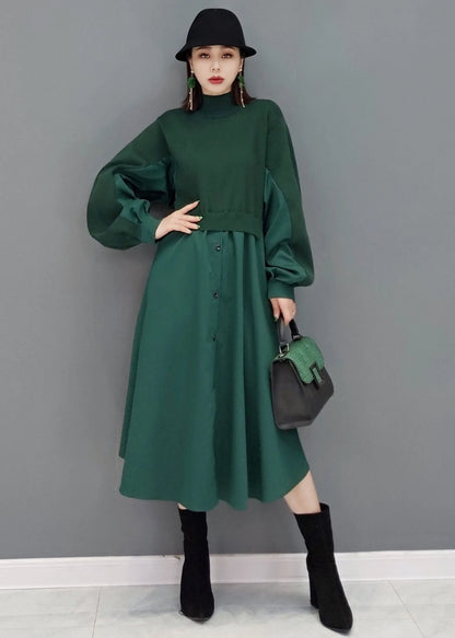 Green Stand Collar Patchwork Knit Cotton Shirt Dress Long Sleeve