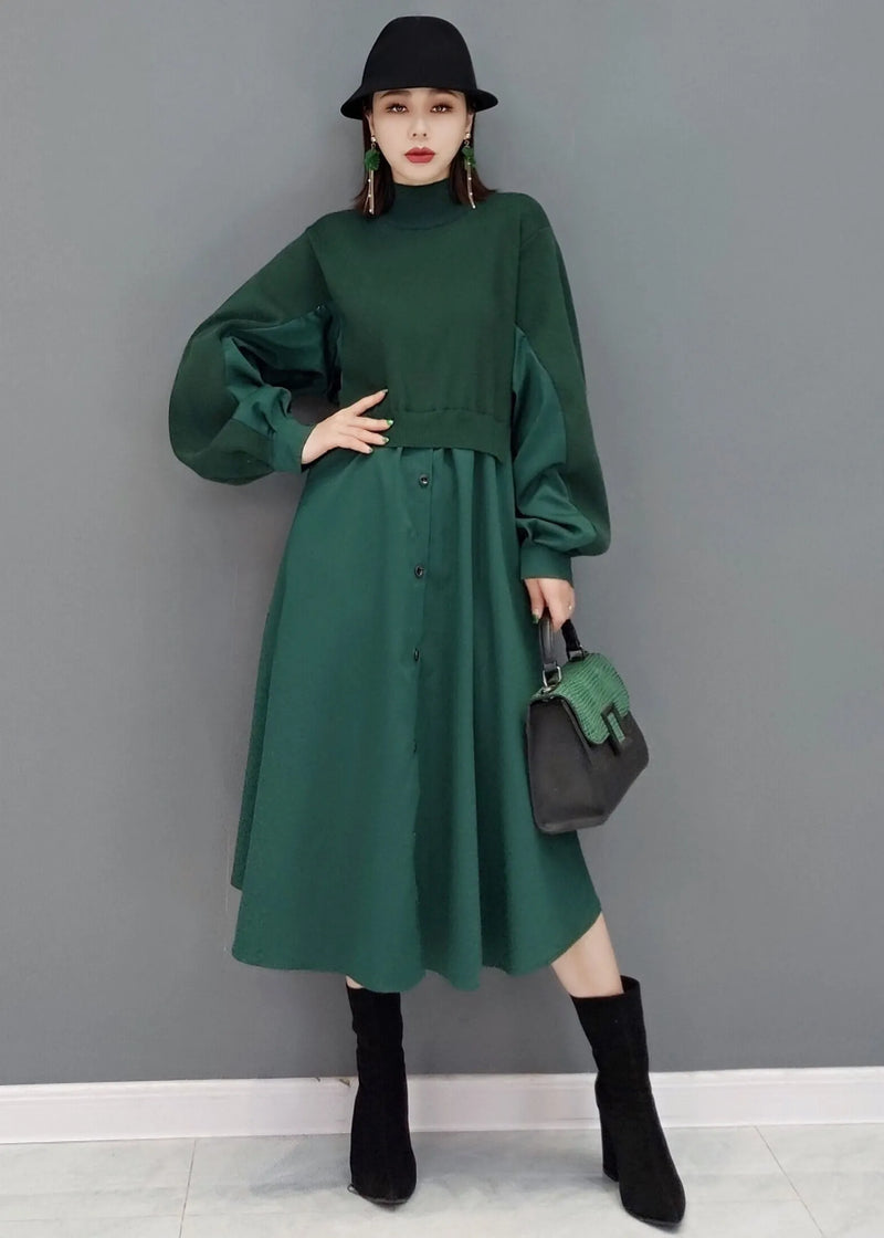 Green Stand Collar Patchwork Knit Cotton Shirt Dress Long Sleeve