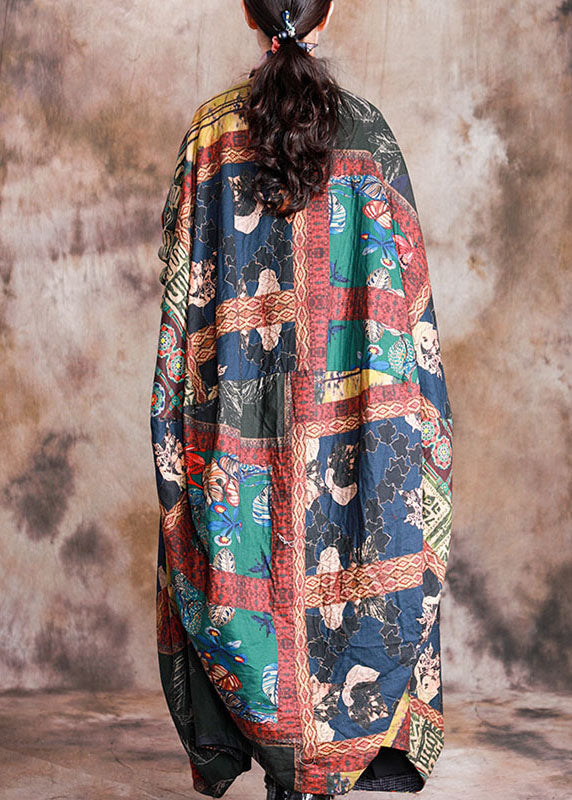 Art Red Print Button Patchwork Asymmetrical Design Fall Coats Long Sleeve