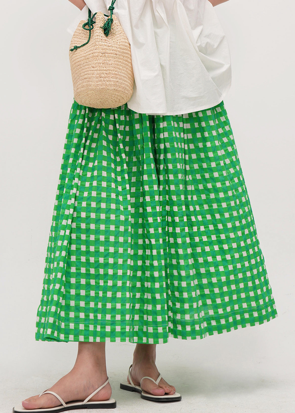 Art Green Plaid Elastic Waist Cotton a Line Skirts Summer