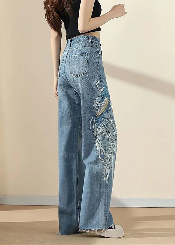 Blue Pockets Embroideried Nail Bead Denim Pants Spring