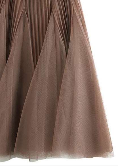 Brown Wrinkled Elastic Waist Tulle Skirts Spring