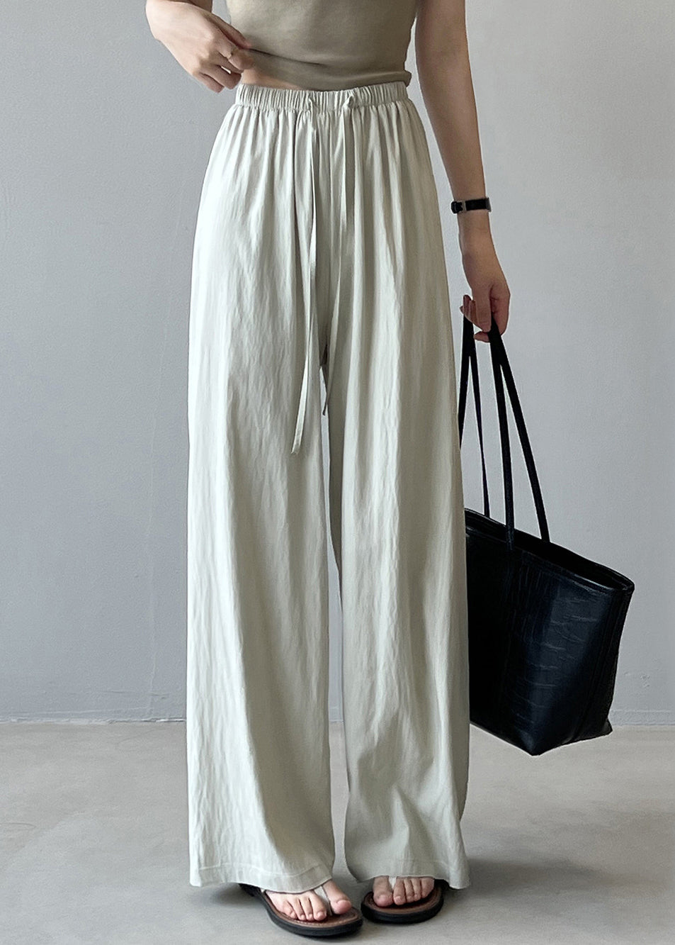 Beige Drawstring Draping Cotton Straight Pants Fall