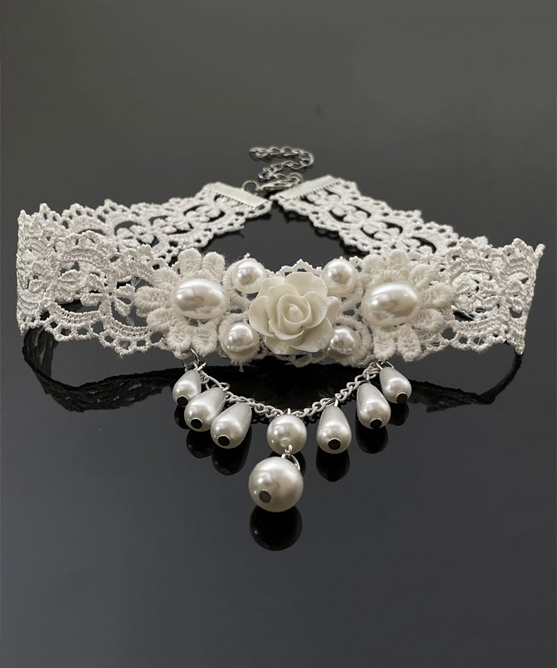 White Acrylic Alloy Lace Pearl Water Drop Pendant Necklace