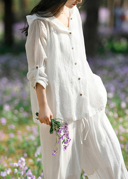 White Hooded Button Patchwork Cotton Coats Long Sleeve