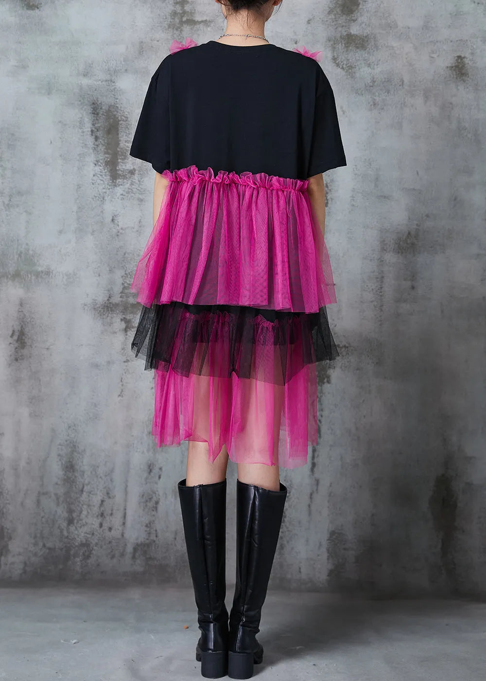 Black Oversized Patchwork Layered Tulle Vacation Dress Summer