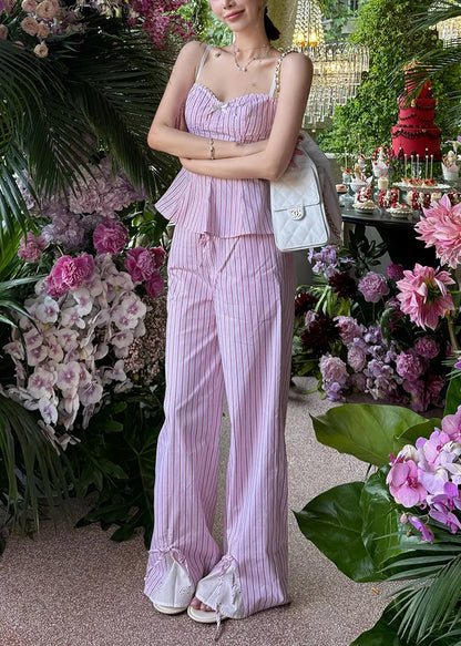 Slim Fit Purple Striped Spaghetti Strap Tank and Pants Cotton Two Pieces Set Sleeveless