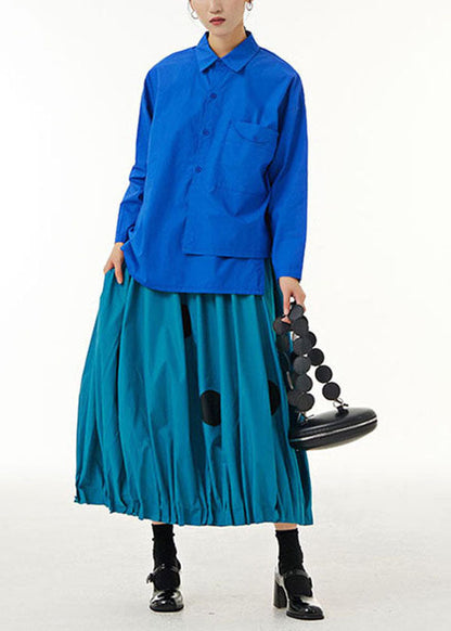Blue Asymmetrical Design Patchwork Cotton Shirts Top Long Sleeve