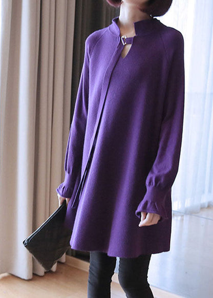 Stylish Purple V Neck Patchwork Loose Fall Knit Sweaters