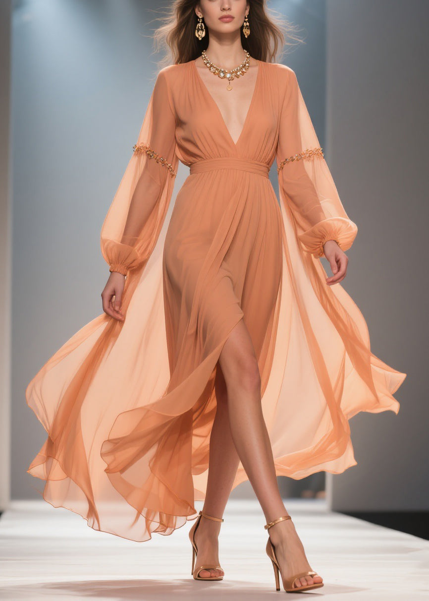Orange Wrinkled Side Open Chiffon Long Dresses Spring