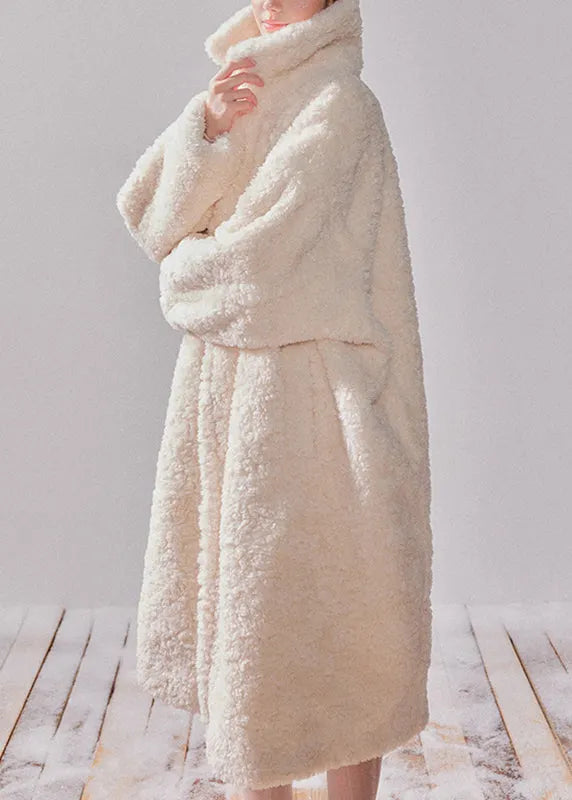Beige Peter Pan Collar Pockets Faux Fur Long Coats Winter