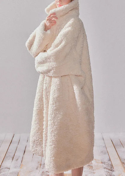 Beige Peter Pan Collar Pockets Faux Fur Long Coats Winter