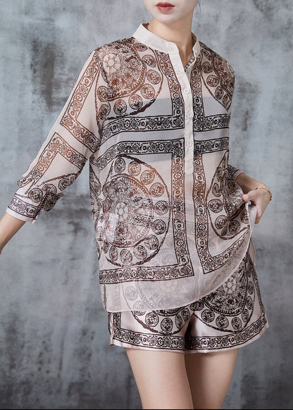Khaki Print Chiffon Two Piece Suit Set Summer
