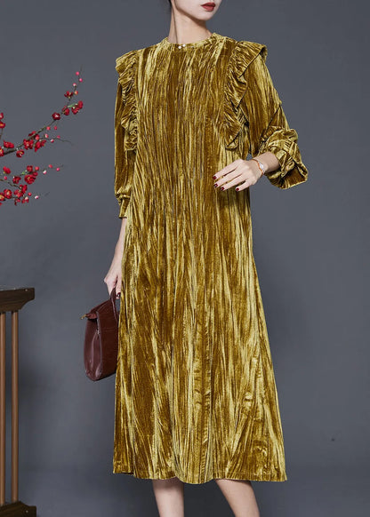 Green Ruffled Wrinkled Silk Velour Holiday Dress Spring