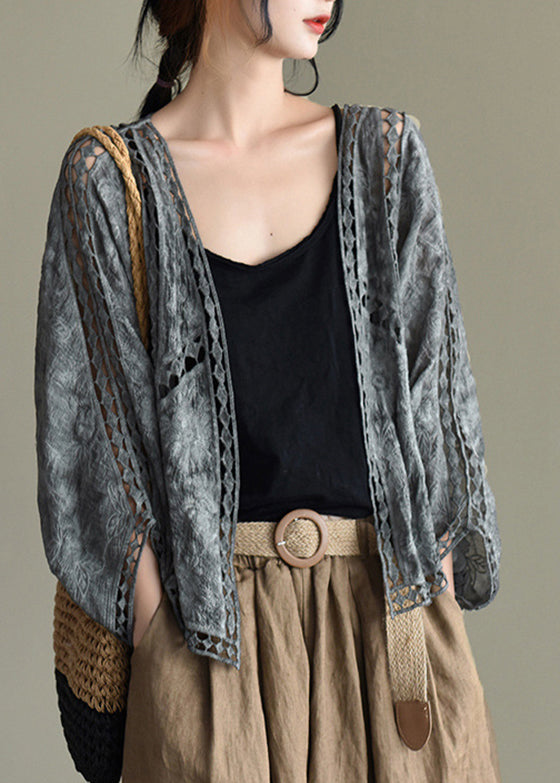Grey Black Hollow Out Embroideried Cardigans Batwing Sleeve