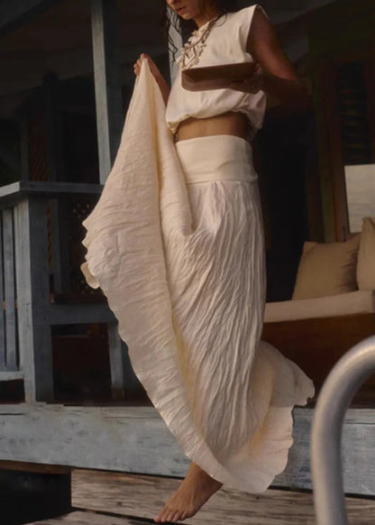 Beige High Waist Cotton Two Pieces Set Sleeveless Summer